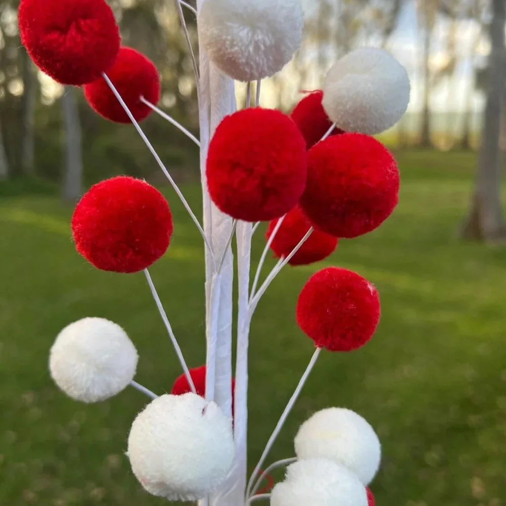 Extra Long 32-inch Red & White Pom Pom Spray - Festive Christmas Tree Decoration